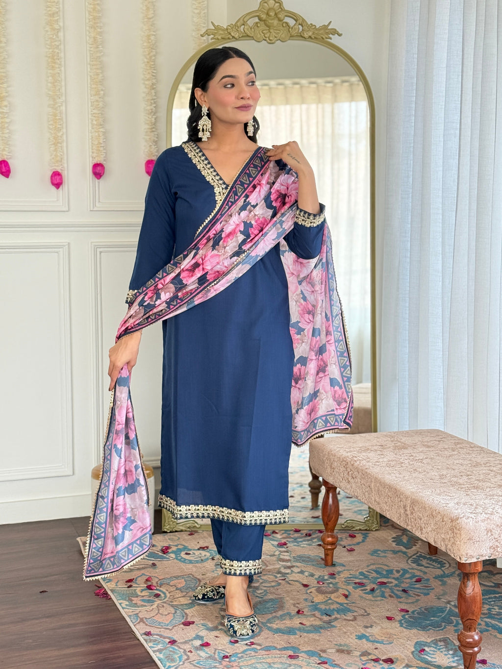 Teeya Creation Blue Colour Viscose Slub Embroidery Work Fully Stitched Kurti Set | Grocsy