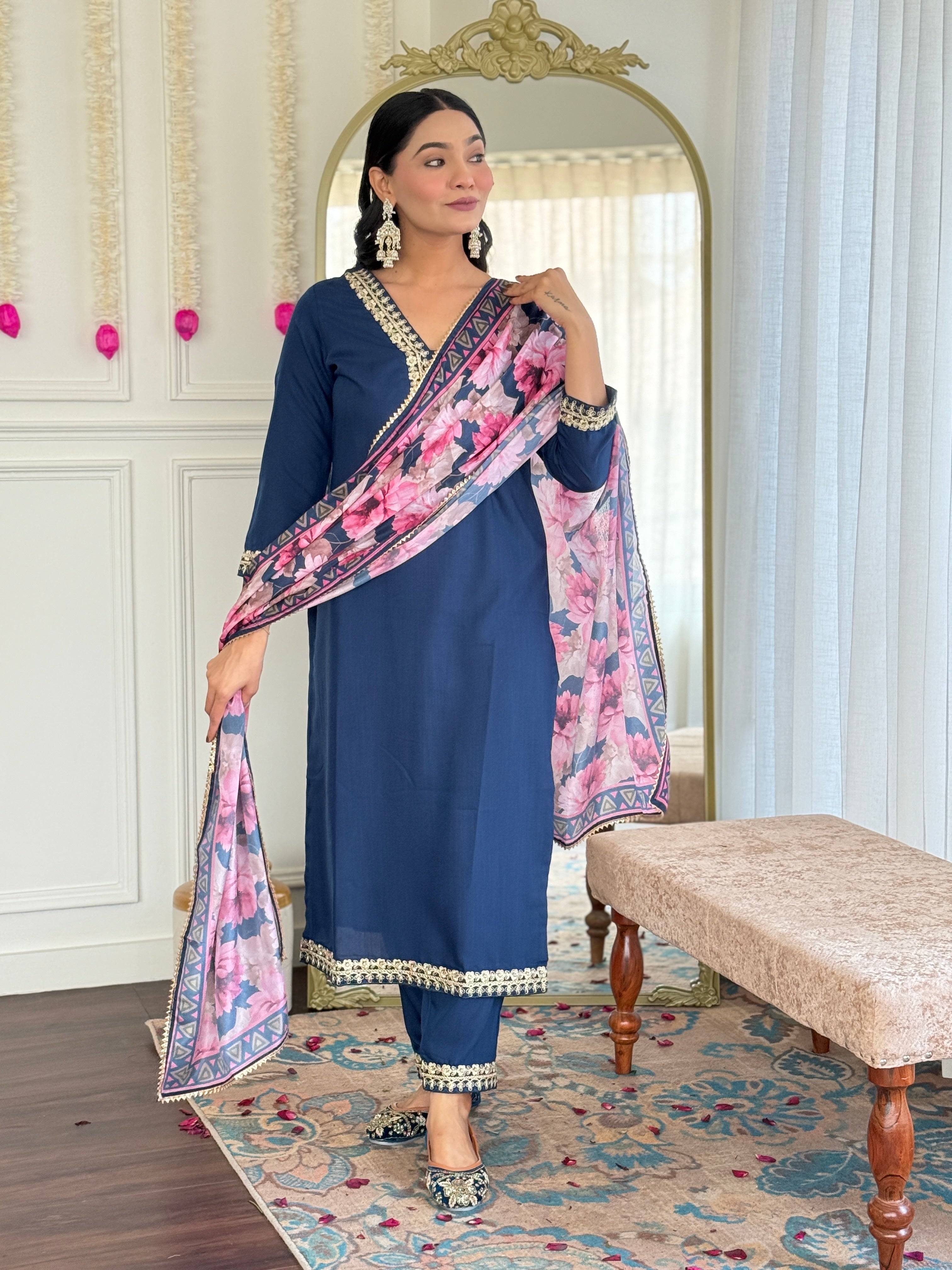 Teeya Creation Blue Colour Viscose Slub Embroidery Work Fully Stitched Kurti Set | Grocsy
