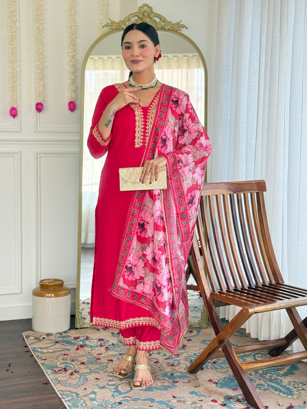 Teeya Creation Rani Colour Viscose Slub Embroidery Work Fully Stitched Kurti Set | Grocsy