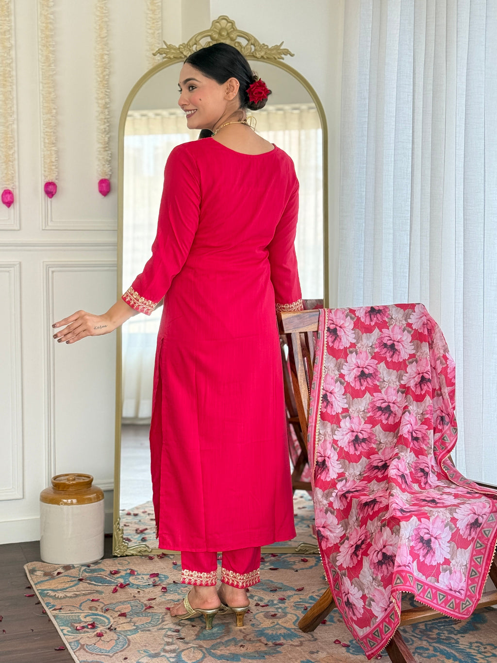 Teeya Creation Rani Colour Viscose Slub Embroidery Work Fully Stitched Kurti Set | Grocsy