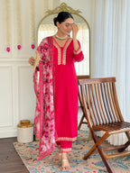 Teeya Creation Rani Colour Viscose Slub Embroidery Work Fully Stitched Kurti Set | Grocsy