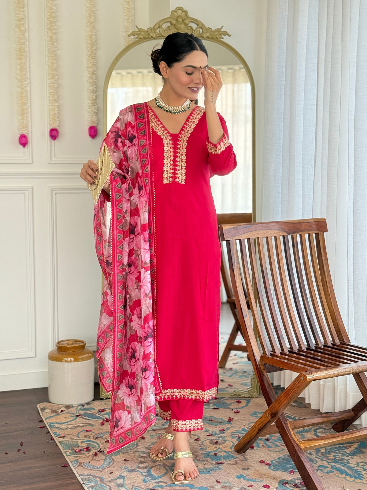 Teeya Creation Rani Colour Viscose Slub Embroidery Work Fully Stitched Kurti Set | Grocsy