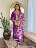 Teeya Creation Violet Colour Viscose Slub Embroidery Work Fully Stitched Kurti Set | Grocsy