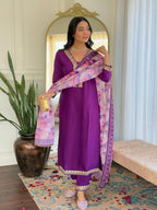 Teeya Creation Violet Colour Viscose Slub Embroidery Work Fully Stitched Kurti Set | Grocsy