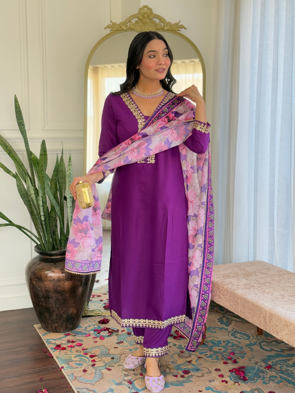 Teeya Creation Violet Colour Viscose Slub Embroidery Work Fully Stitched Kurti Set | Grocsy