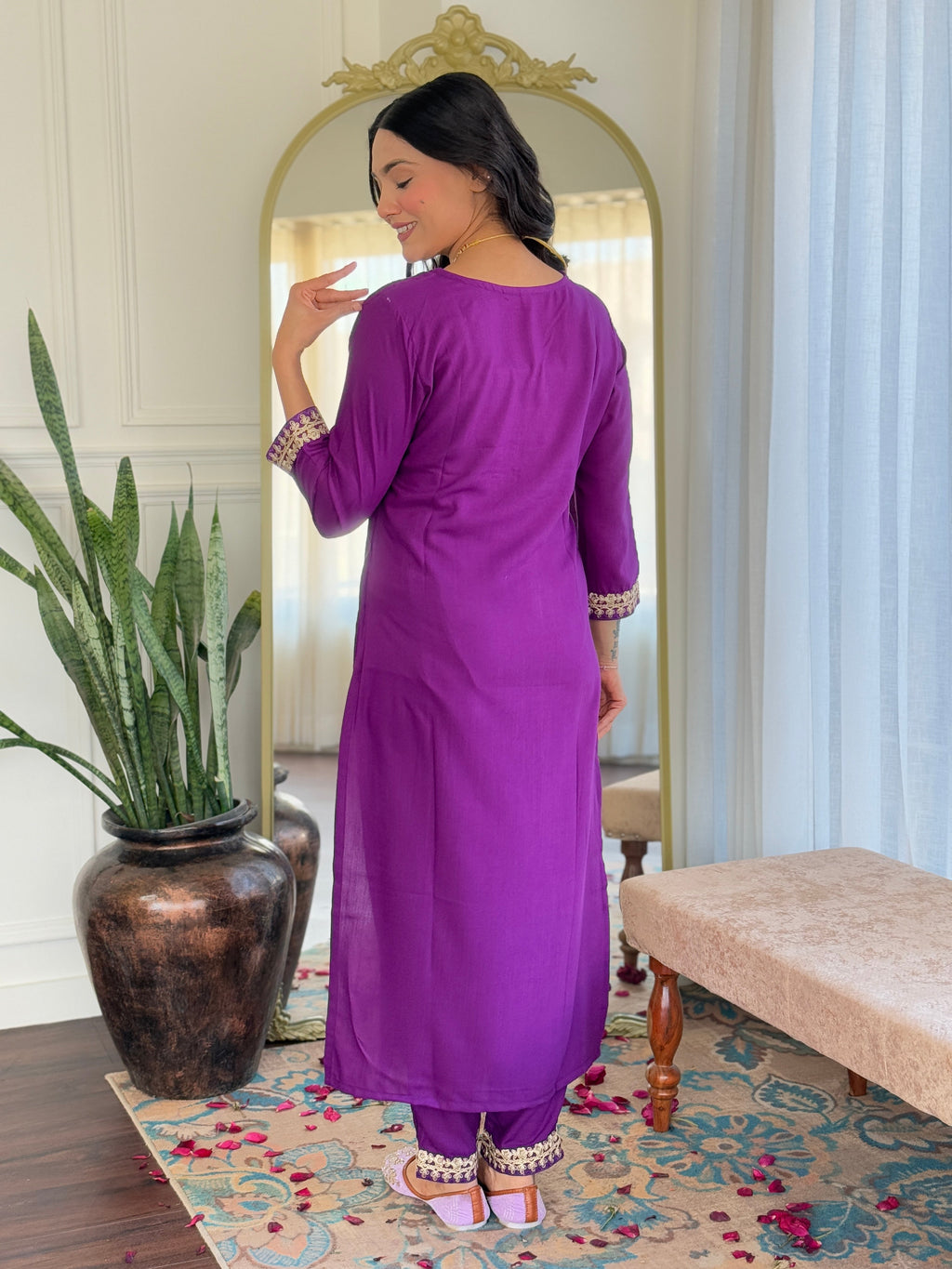 Teeya Creation Violet Colour Viscose Slub Embroidery Work Fully Stitched Kurti Set | Grocsy