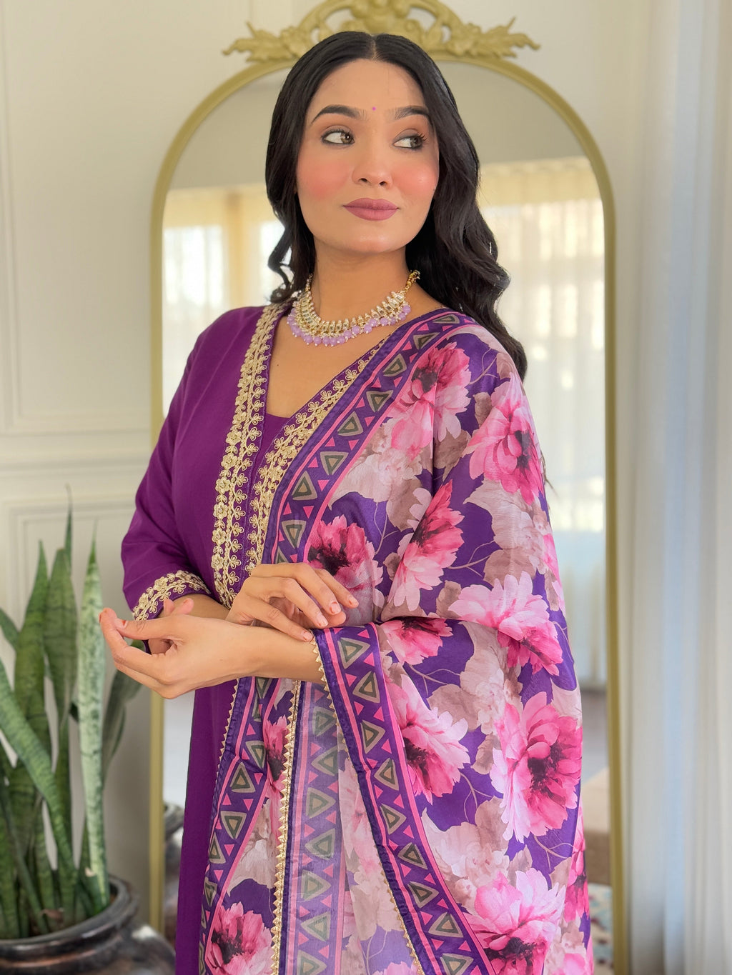 Teeya Creation Violet Colour Viscose Slub Embroidery Work Fully Stitched Kurti Set | Grocsy