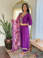 Teeya Creation Violet Colour Viscose Slub Embroidery Work Fully Stitched Kurti Set | Grocsy