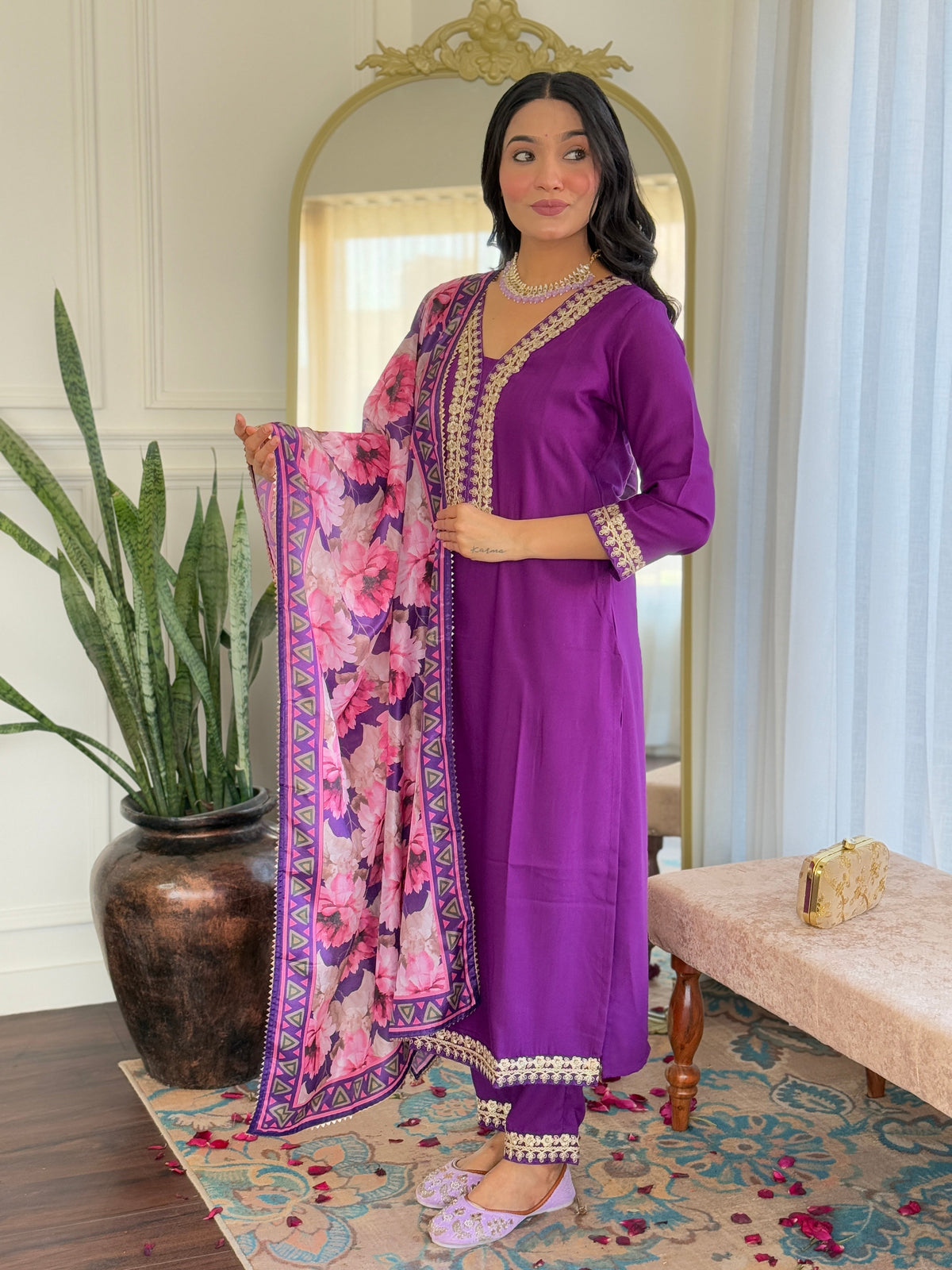 Teeya Creation Violet Colour Viscose Slub Embroidery Work Fully Stitched Kurti Set | Grocsy