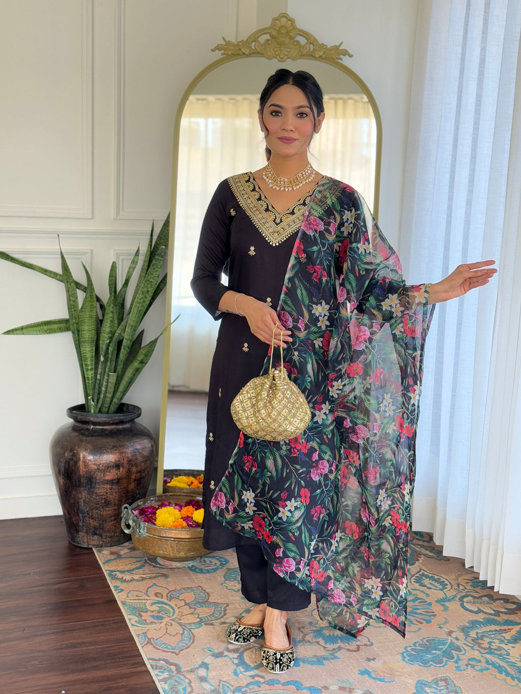 Teeya Creation Black Colour Viscose Slub Embroidery Work Fully Stitched Kurti Set | Grocsy