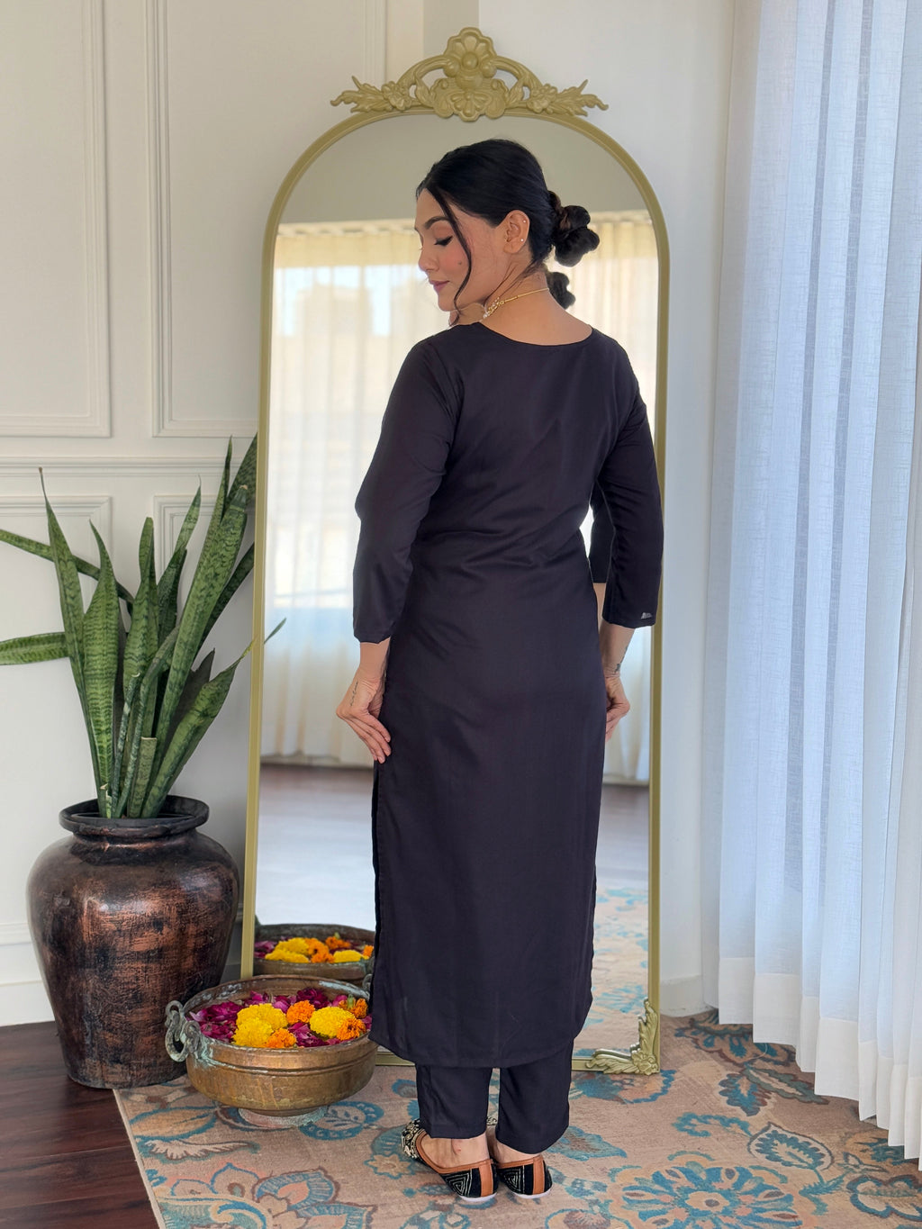 Teeya Creation Black Colour Viscose Slub Embroidery Work Fully Stitched Kurti Set | Grocsy