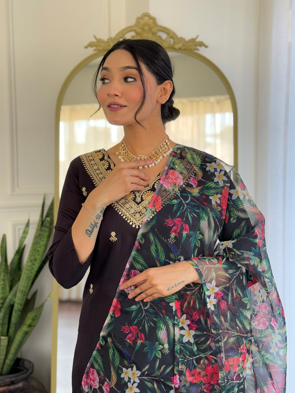 Teeya Creation Black Colour Viscose Slub Embroidery Work Fully Stitched Kurti Set | Grocsy