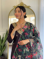 Teeya Creation Black Colour Viscose Slub Embroidery Work Fully Stitched Kurti Set | Grocsy