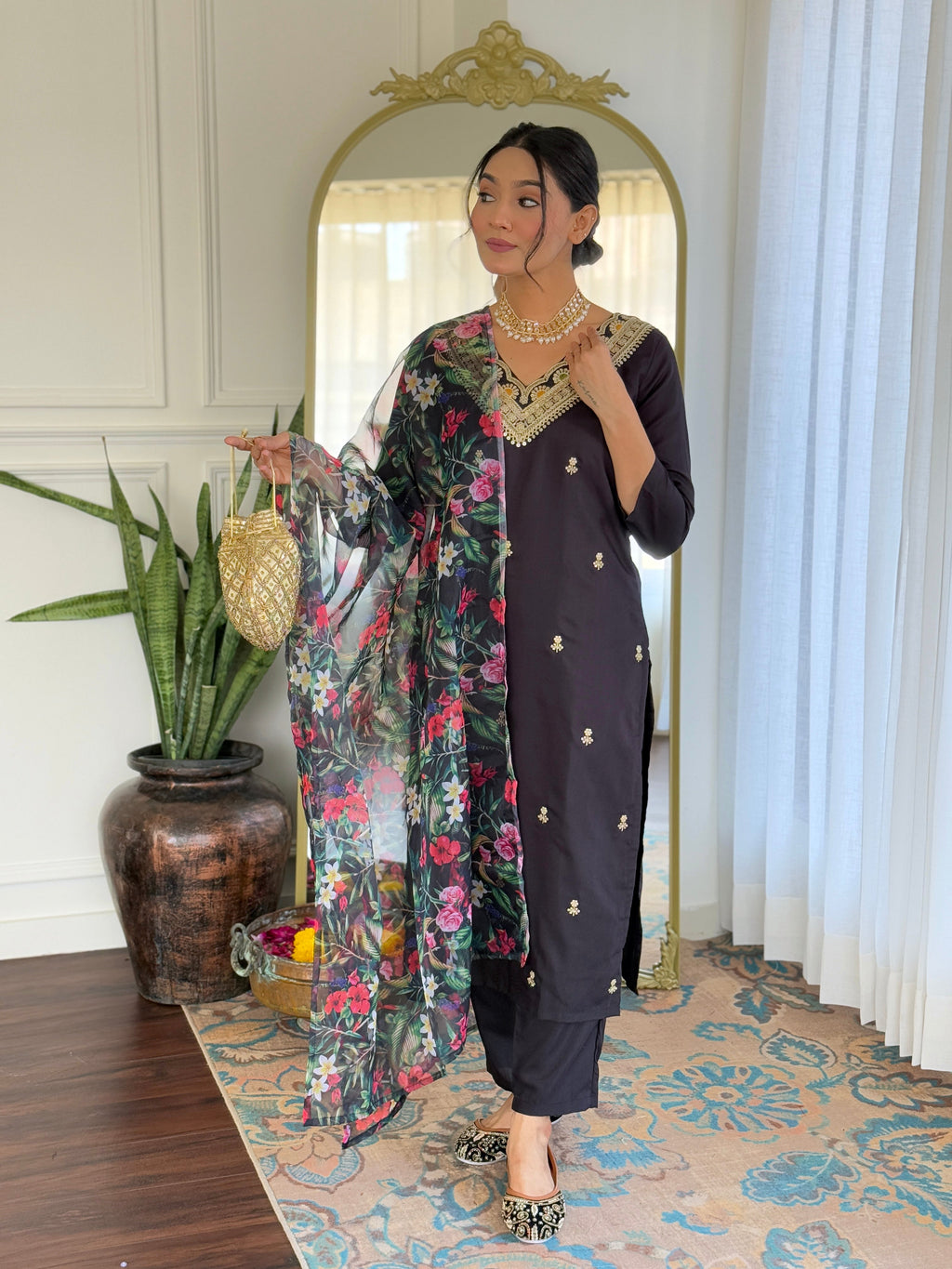 Teeya Creation Black Colour Viscose Slub Embroidery Work Fully Stitched Kurti Set | Grocsy