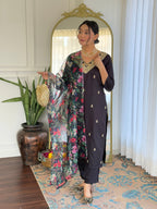 Teeya Creation Black Colour Viscose Slub Embroidery Work Fully Stitched Kurti Set | Grocsy