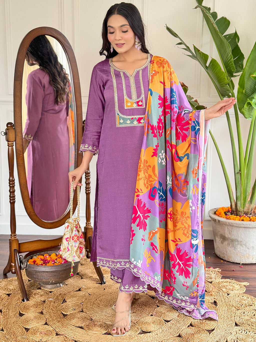 Teeya Creation Light Purple Colour Viscose Slub Embroidery Work Fully Stitched Kurti Set | Grocsy