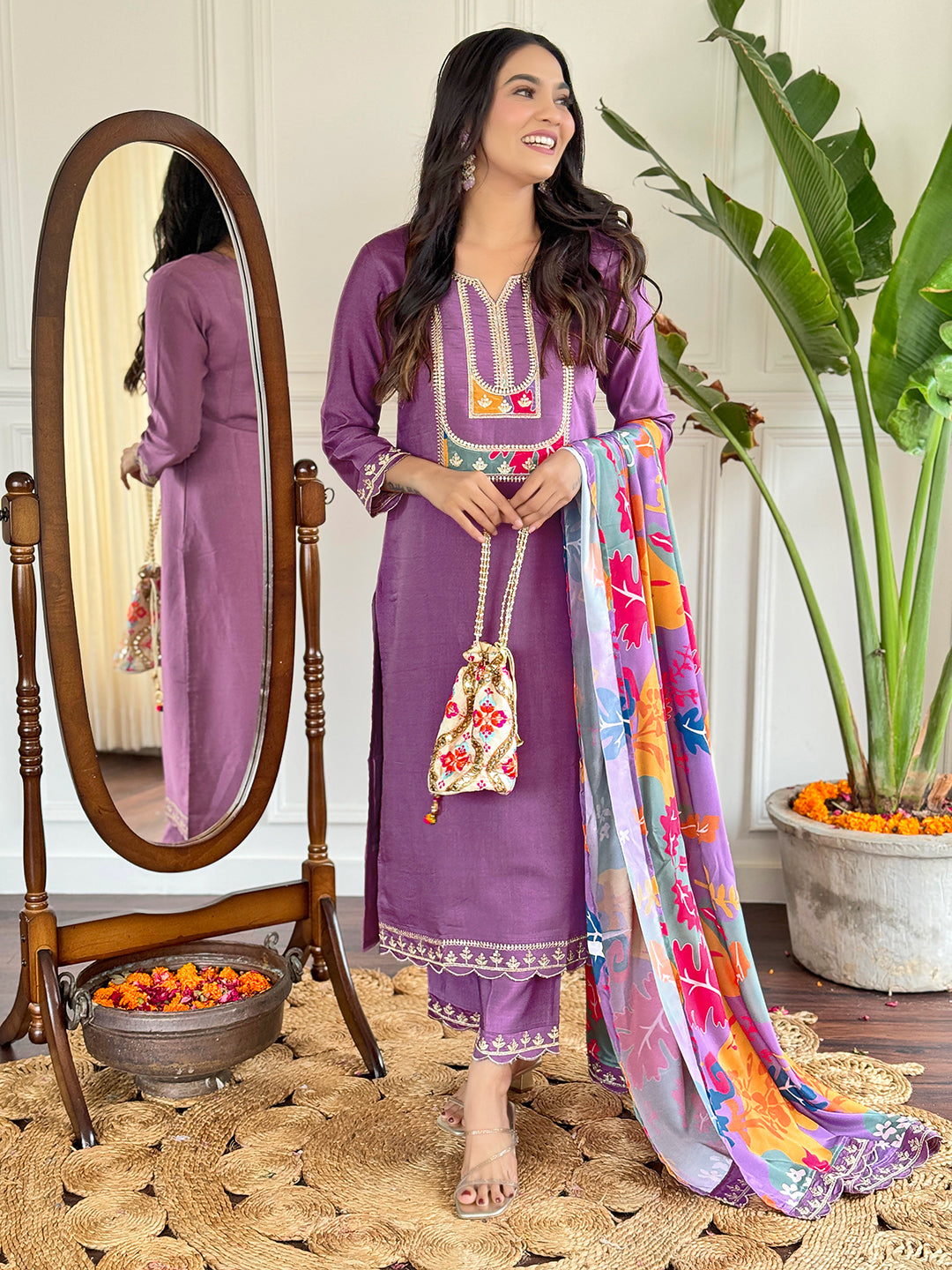 Teeya Creation Light Purple Colour Viscose Slub Embroidery Work Fully Stitched Kurti Set | Grocsy