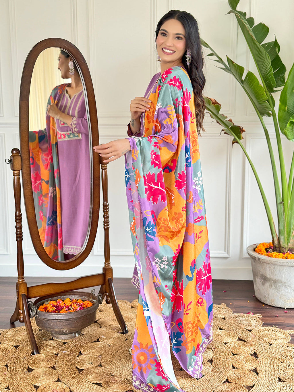 Teeya Creation Light Purple Colour Viscose Slub Embroidery Work Fully Stitched Kurti Set | Grocsy