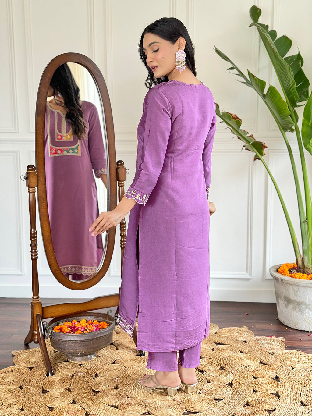 Teeya Creation Light Purple Colour Viscose Slub Embroidery Work Fully Stitched Kurti Set | Grocsy