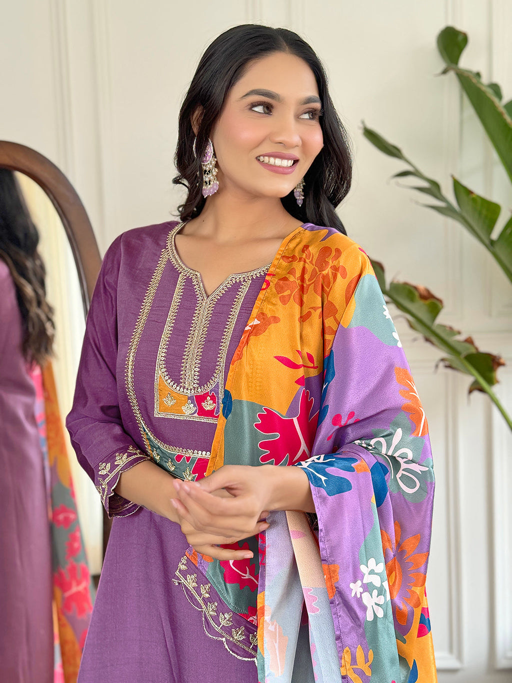Teeya Creation Light Purple Colour Viscose Slub Embroidery Work Fully Stitched Kurti Set | Grocsy