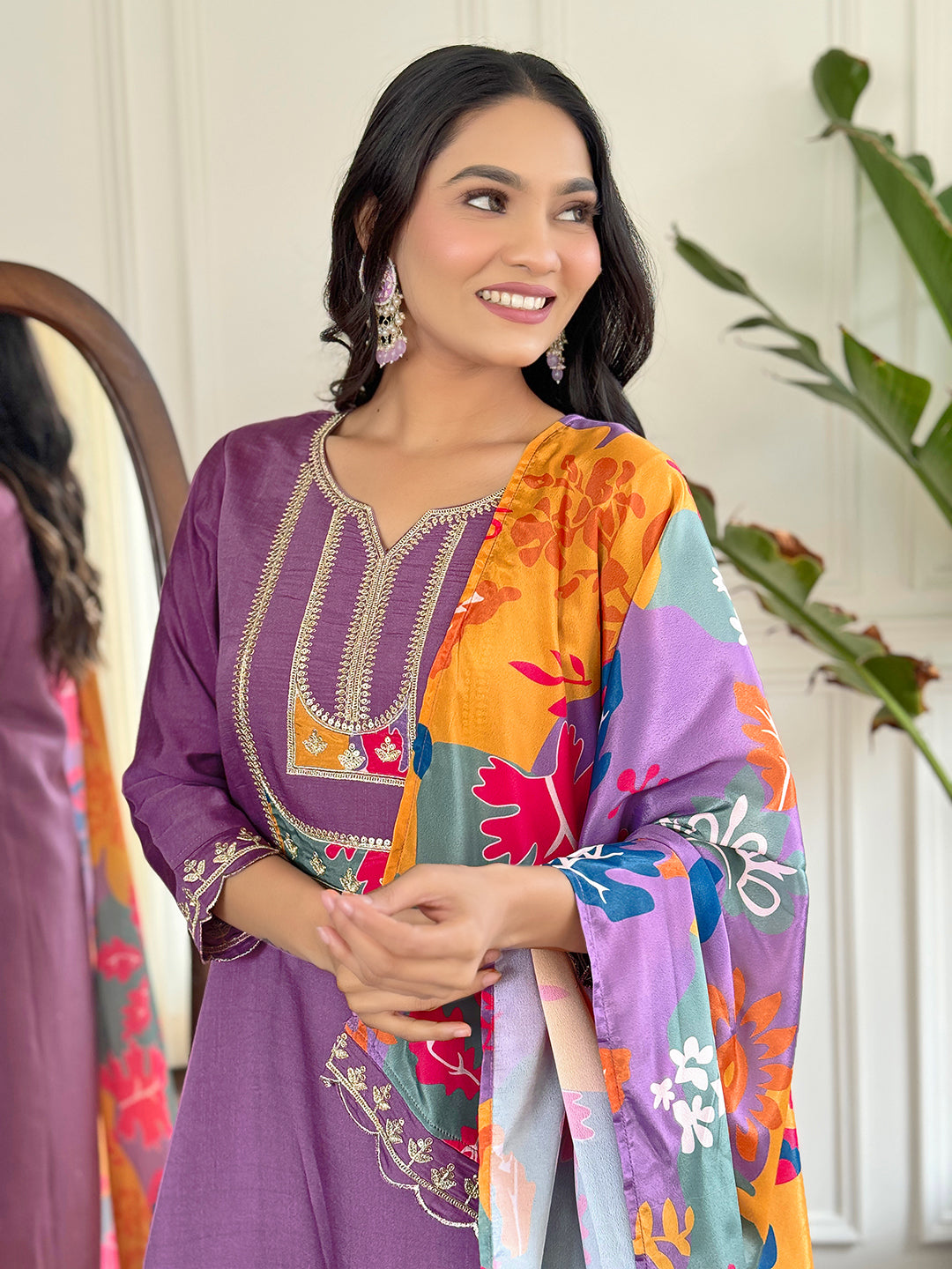 Teeya Creation Light Purple Colour Viscose Slub Embroidery Work Fully Stitched Kurti Set | Grocsy