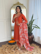 Teeya Creation Orange Color Viscose Rayon Embroidery Work Fully Stitched Kurti Set | Grocsy