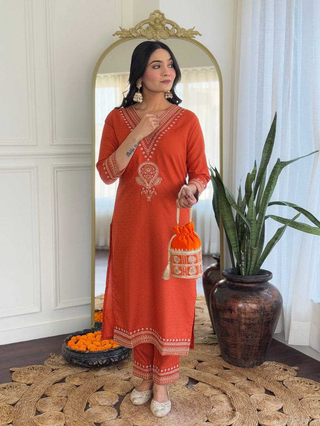 Teeya Creation Orange Color Viscose Rayon Embroidery Work Fully Stitched Kurti Set | Grocsy