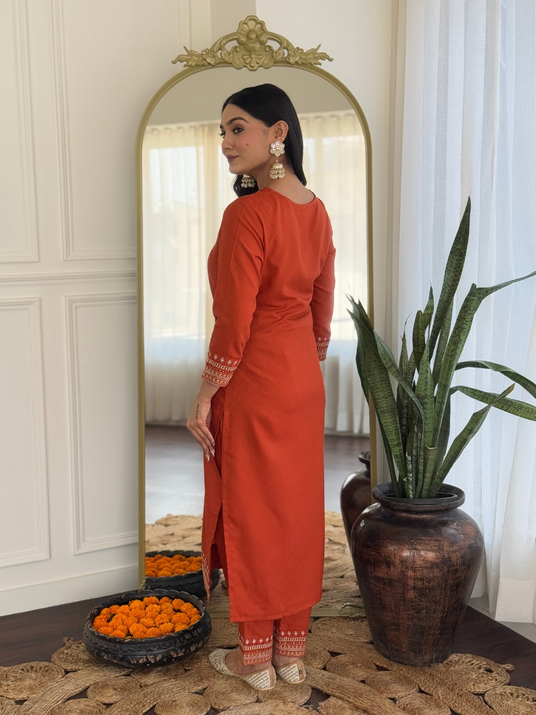 Teeya Creation Orange Color Viscose Rayon Embroidery Work Fully Stitched Kurti Set | Grocsy