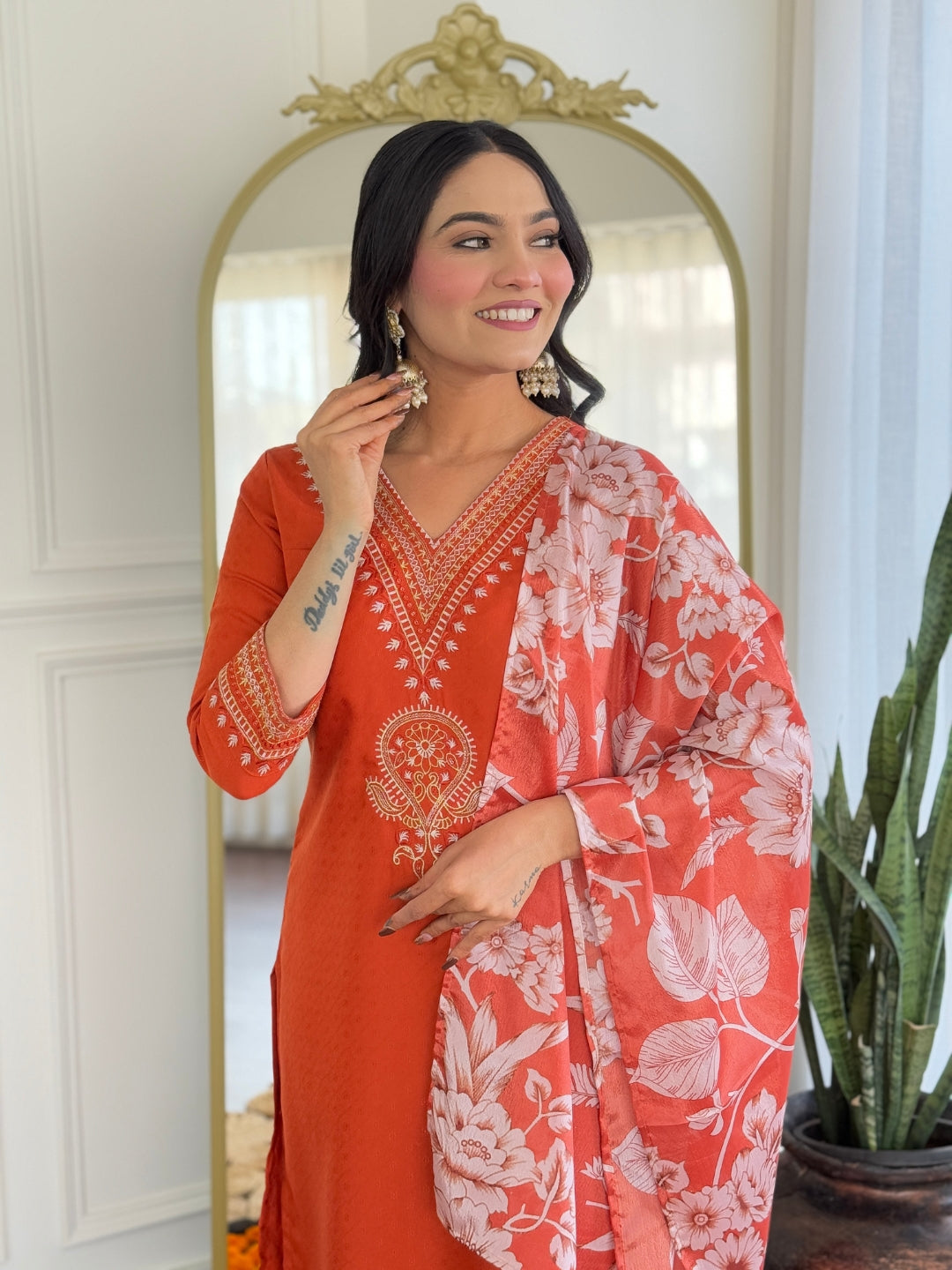 Teeya Creation Orange Color Viscose Rayon Embroidery Work Fully Stitched Kurti Set | Grocsy