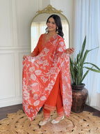 Teeya Creation Orange Color Viscose Rayon Embroidery Work Fully Stitched Kurti Set | Grocsy
