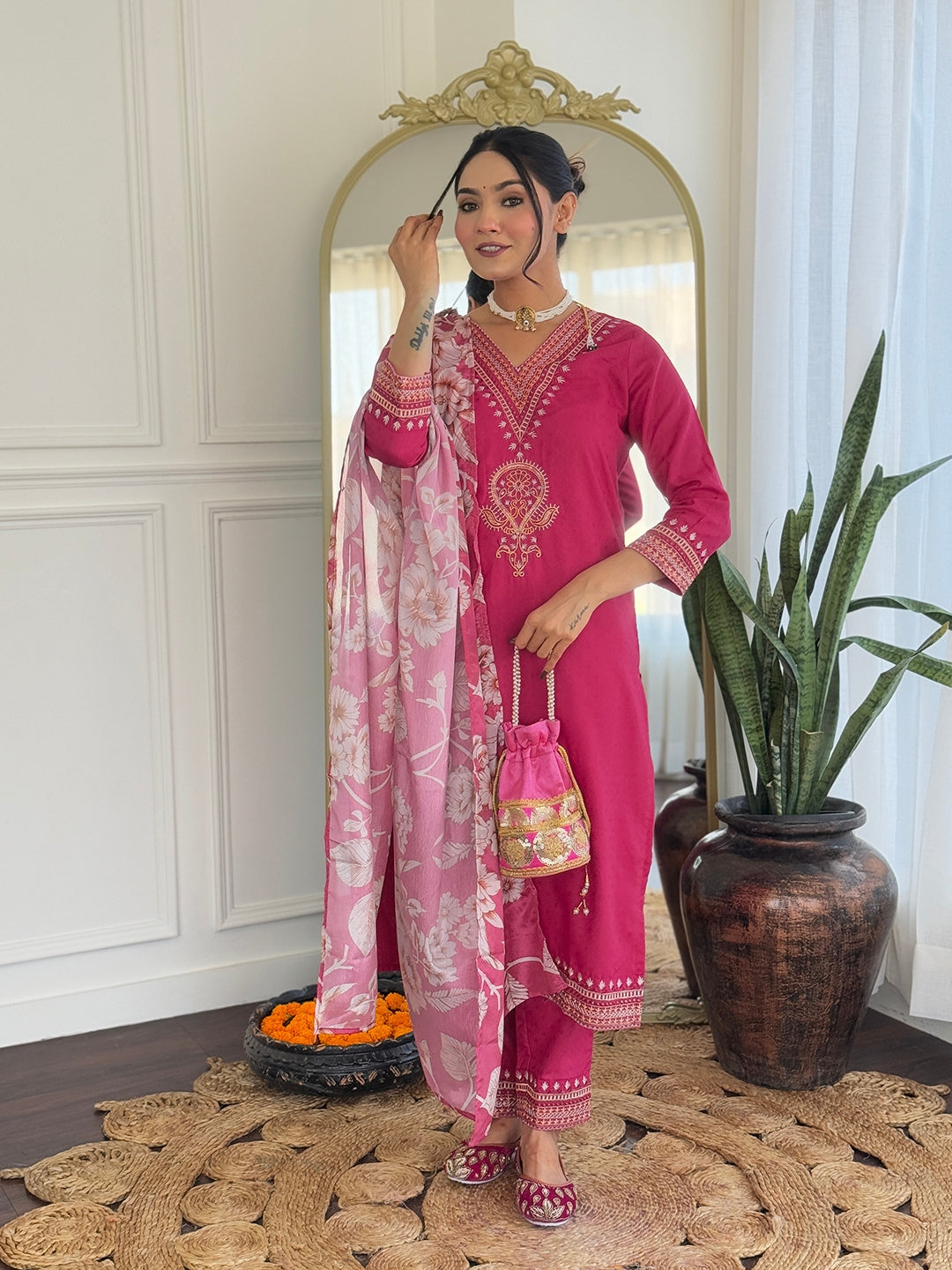 Teeya Creation Rani Color Viscose Rayon Embroidery Work Fully Stitched Kurti Set | Grocsy