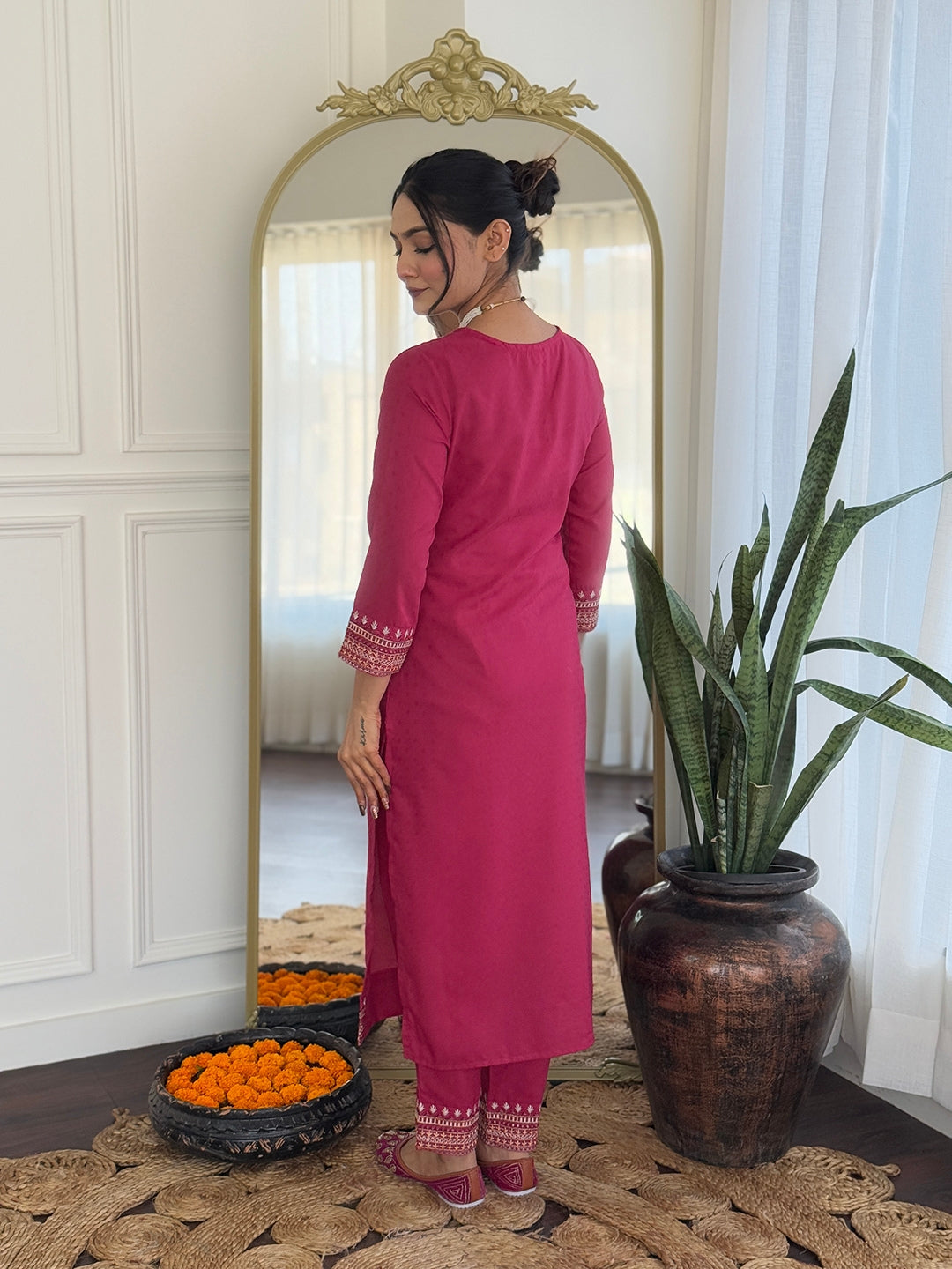 Teeya Creation Rani Color Viscose Rayon Embroidery Work Fully Stitched Kurti Set | Grocsy