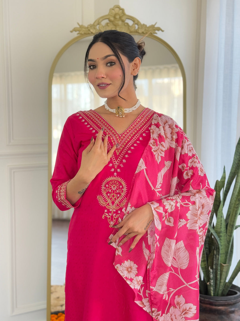 Teeya Creation Rani Color Viscose Rayon Embroidery Work Fully Stitched Kurti Set | Grocsy