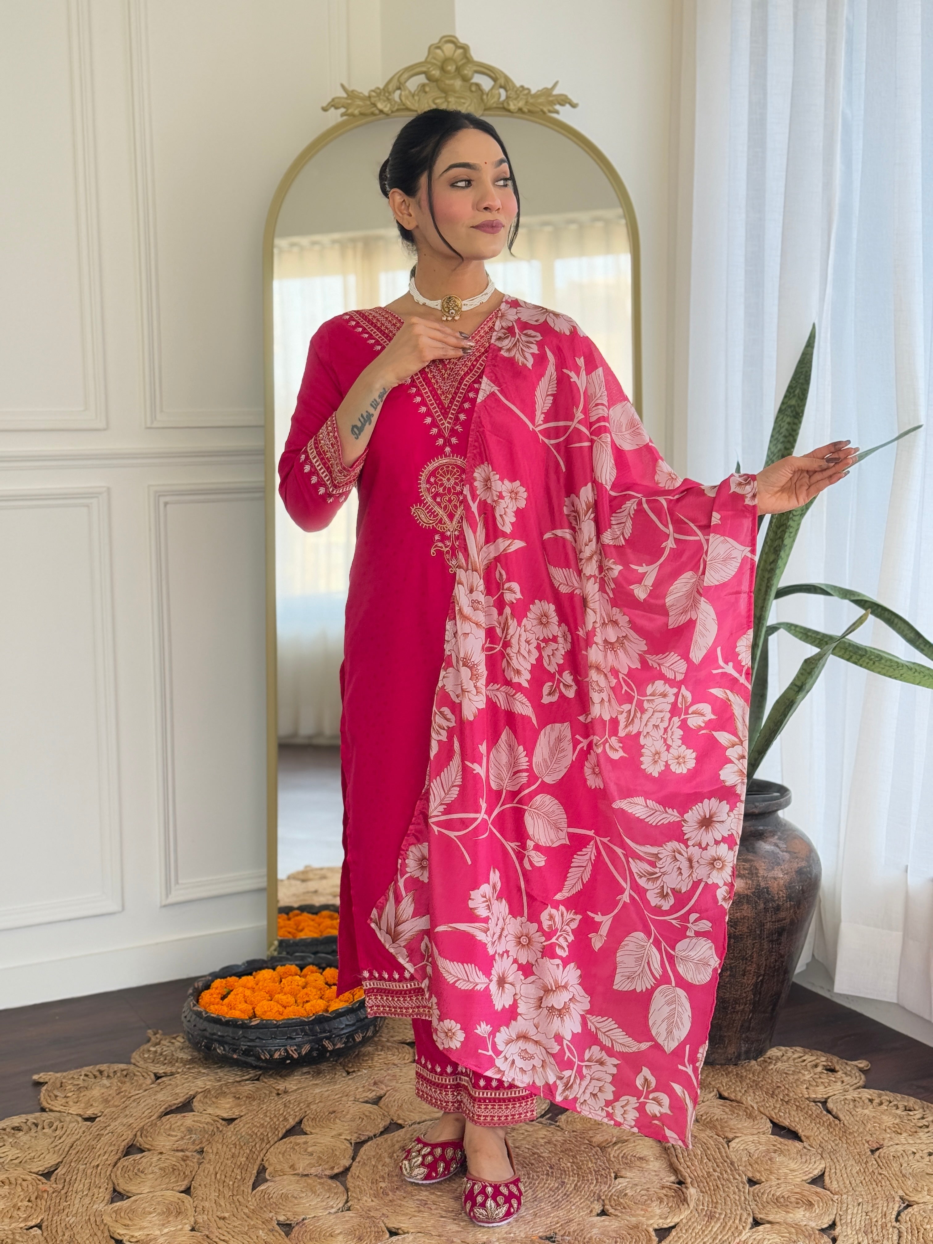Teeya Creation Rani Color Viscose Rayon Embroidery Work Fully Stitched Kurti Set | Grocsy