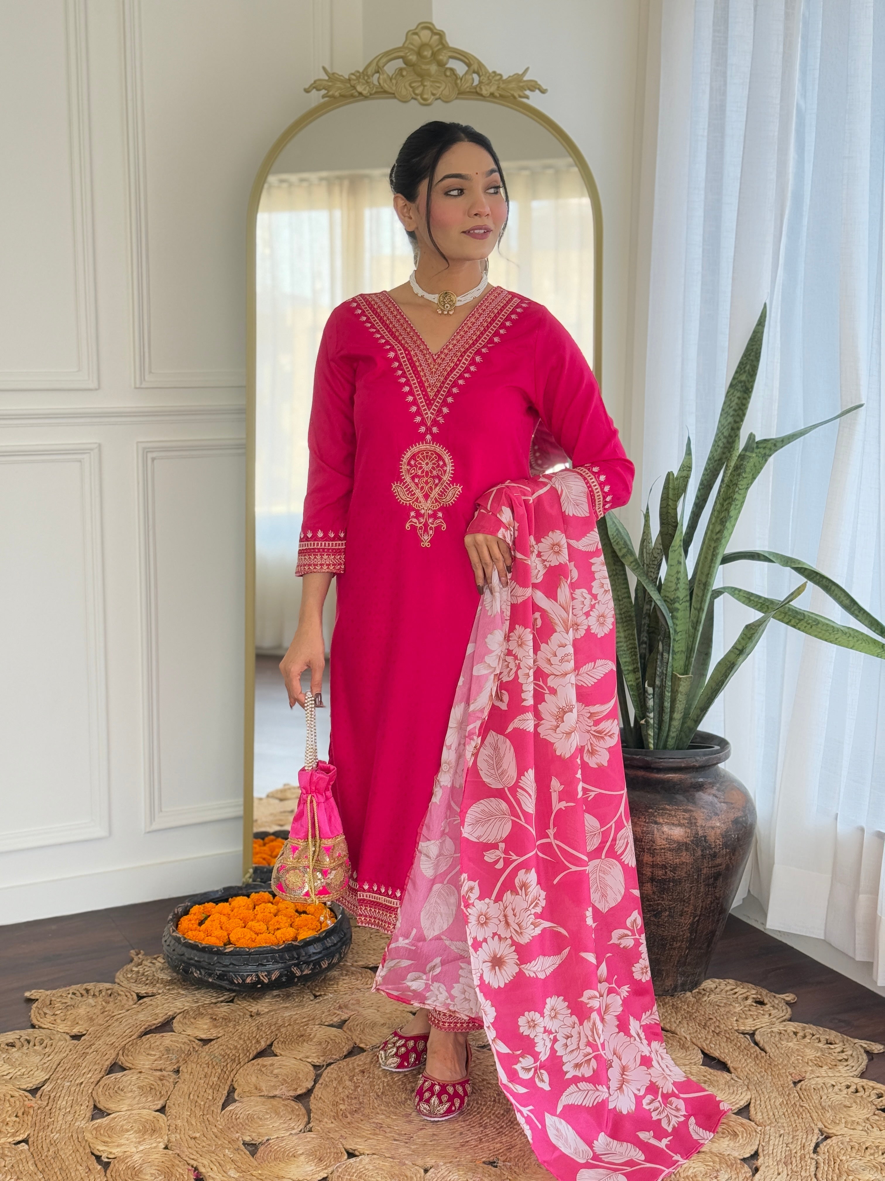 Teeya Creation Rani Color Viscose Rayon Embroidery Work Fully Stitched Kurti Set | Grocsy