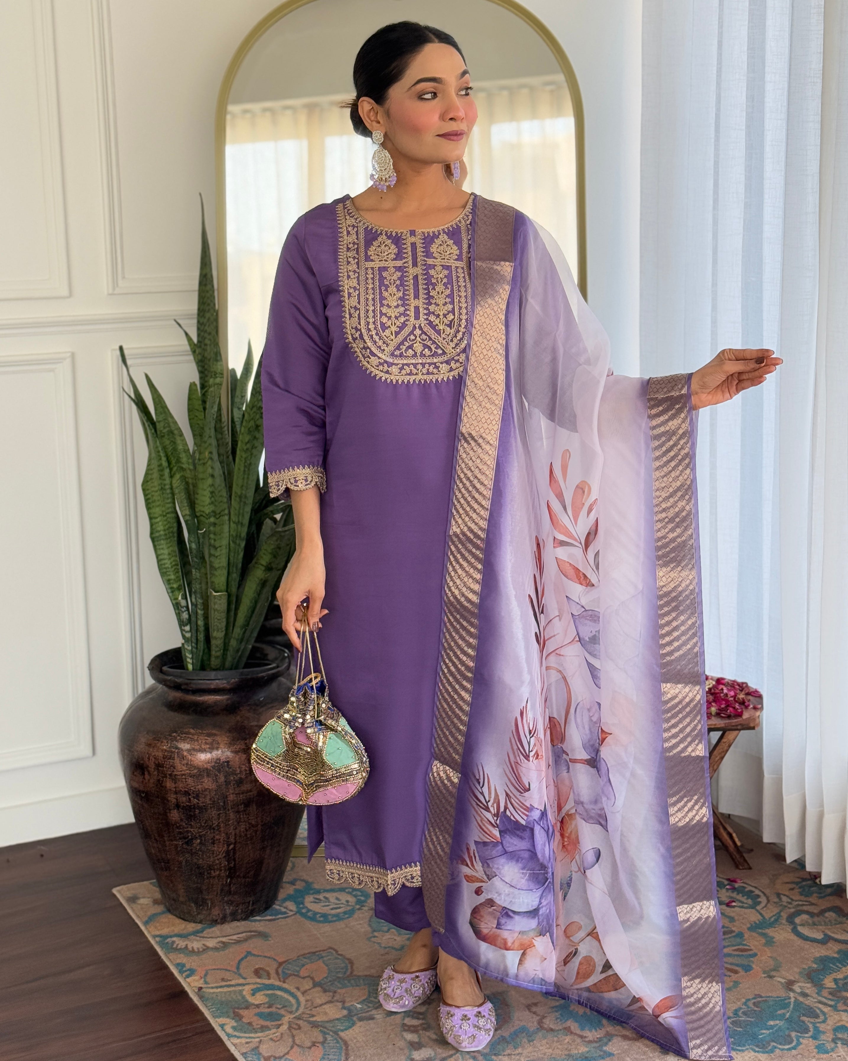 Teeya Creation Lavender Color Viscose Rayon Embroidery Work Fully Stitched Kurti Set | Grocsy