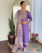 Teeya Creation Lavender Color Viscose Rayon Embroidery Work Fully Stitched Kurti Set | Grocsy