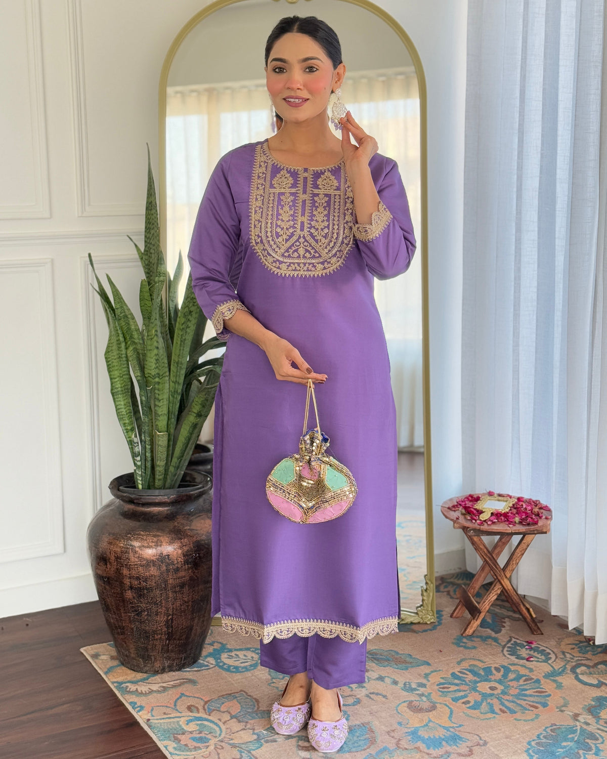 Teeya Creation Lavender Color Viscose Rayon Embroidery Work Fully Stitched Kurti Set | Grocsy