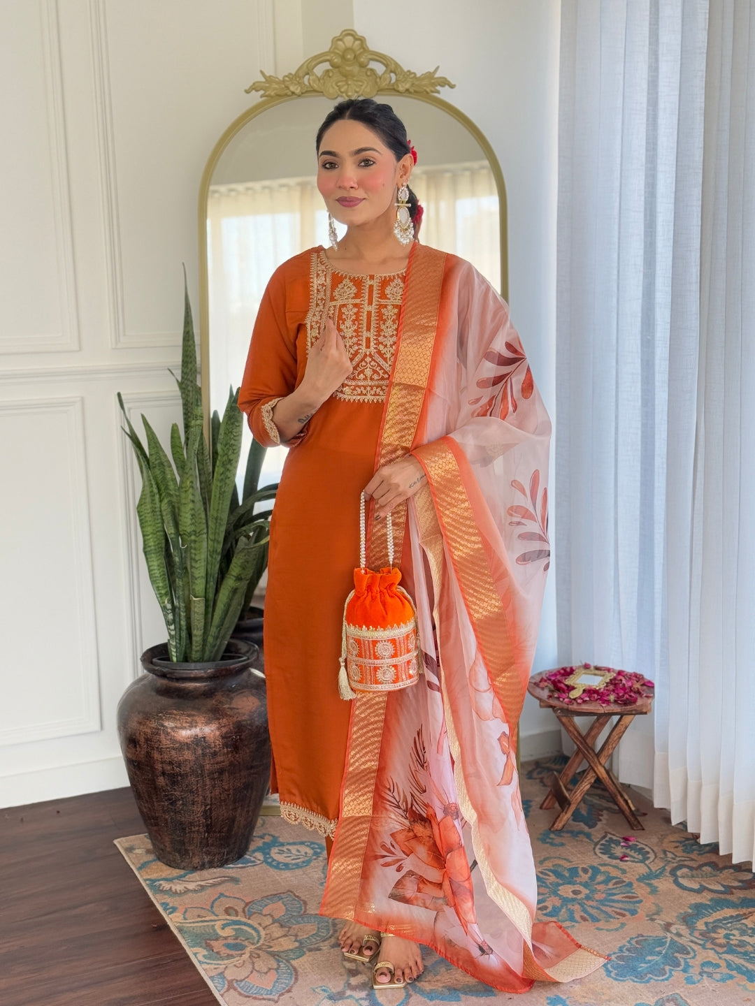 Teeya Creation Orange Color Viscose Rayon Embroidery Work Fully Stitched Kurti Set | Grocsy