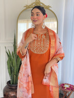 Teeya Creation Orange Color Viscose Rayon Embroidery Work Fully Stitched Kurti Set | Grocsy