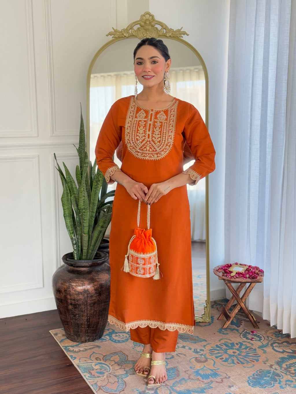 Teeya Creation Orange Color Viscose Rayon Embroidery Work Fully Stitched Kurti Set | Grocsy