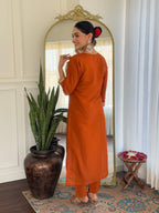 Teeya Creation Orange Color Viscose Rayon Embroidery Work Fully Stitched Kurti Set | Grocsy