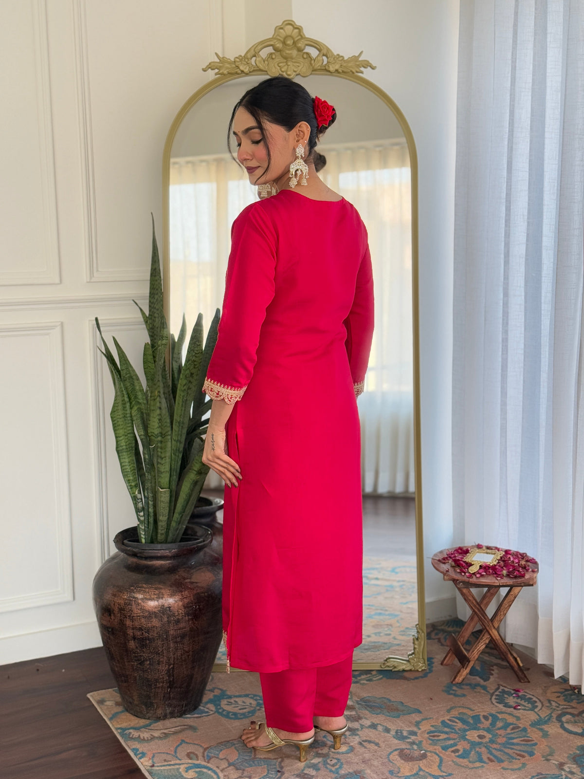 Teeya Creation Rani Color Viscose Rayon Embroidery Work Fully Stitched Kurti Set | Grocsy