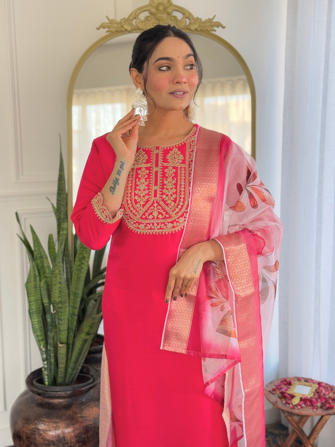 Teeya Creation Rani Color Viscose Rayon Embroidery Work Fully Stitched Kurti Set | Grocsy