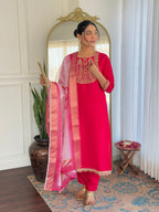 Teeya Creation Rani Color Viscose Rayon Embroidery Work Fully Stitched Kurti Set | Grocsy