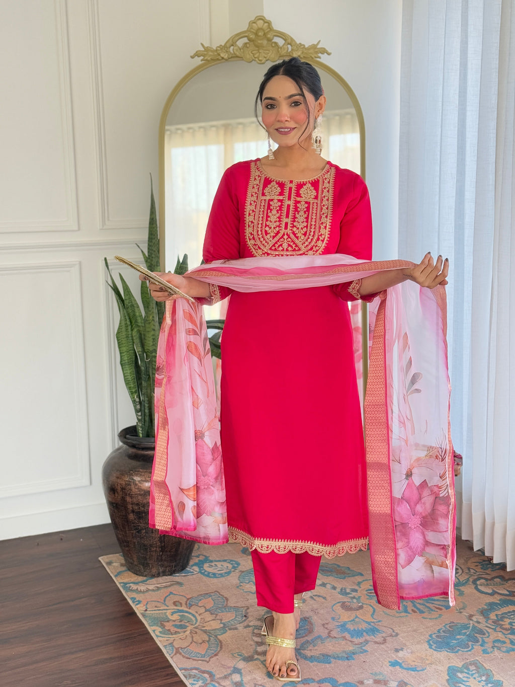 Teeya Creation Rani Color Viscose Rayon Embroidery Work Fully Stitched Kurti Set | Grocsy