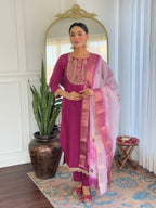 Teeya Creation Wine Color Viscose Rayon Embroidery Work Fully Stitched Kurti Set | Grocsy