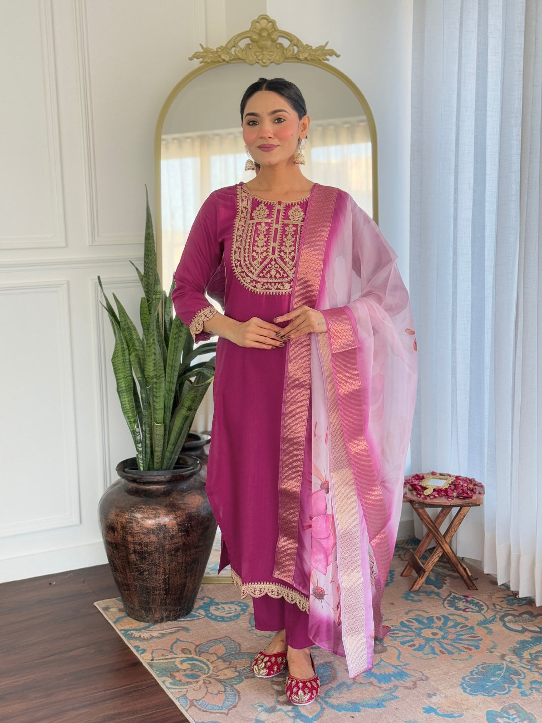 Teeya Creation Wine Color Viscose Rayon Embroidery Work Fully Stitched Kurti Set | Grocsy