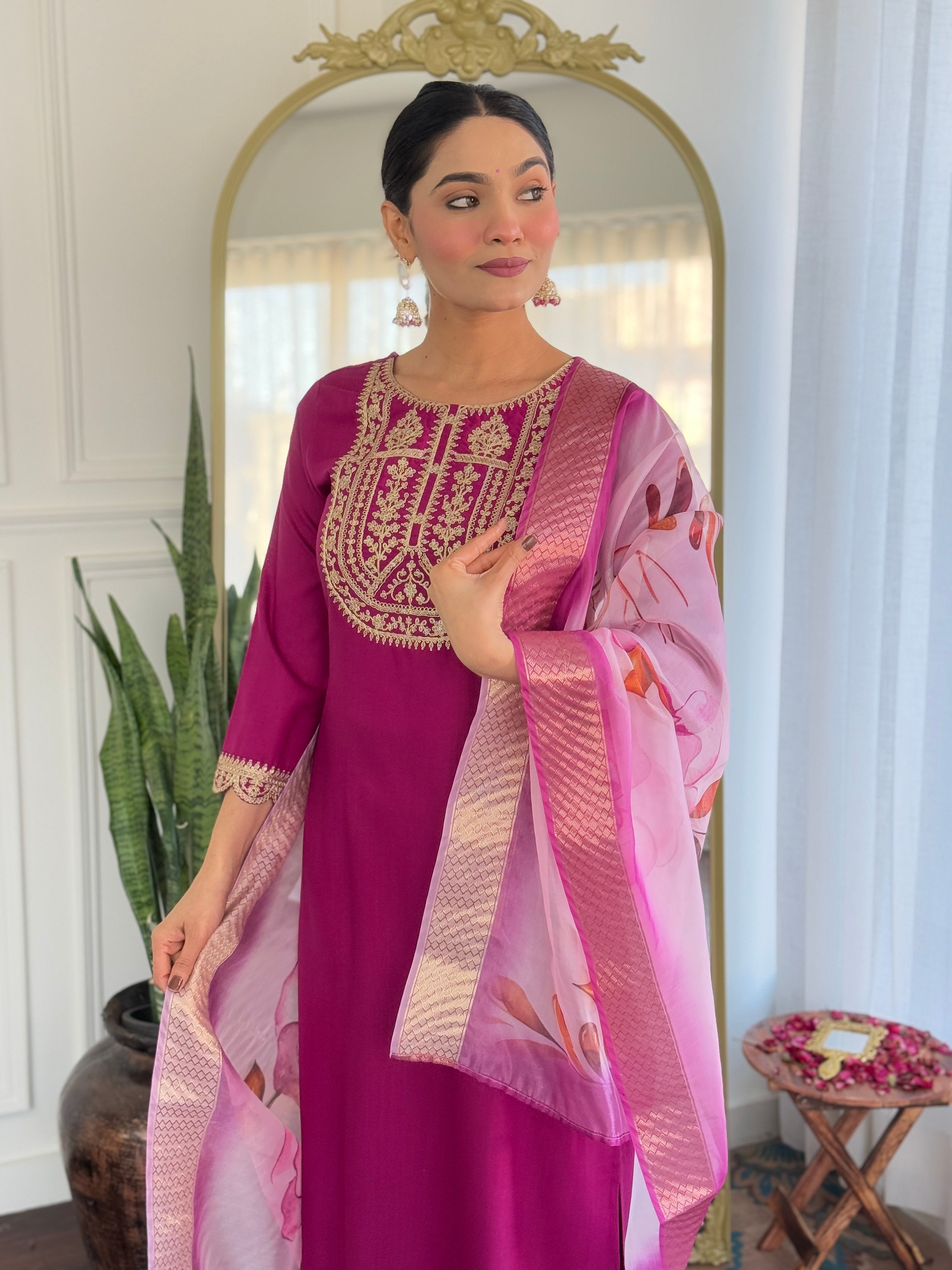 Teeya Creation Wine Color Viscose Rayon Embroidery Work Fully Stitched Kurti Set | Grocsy