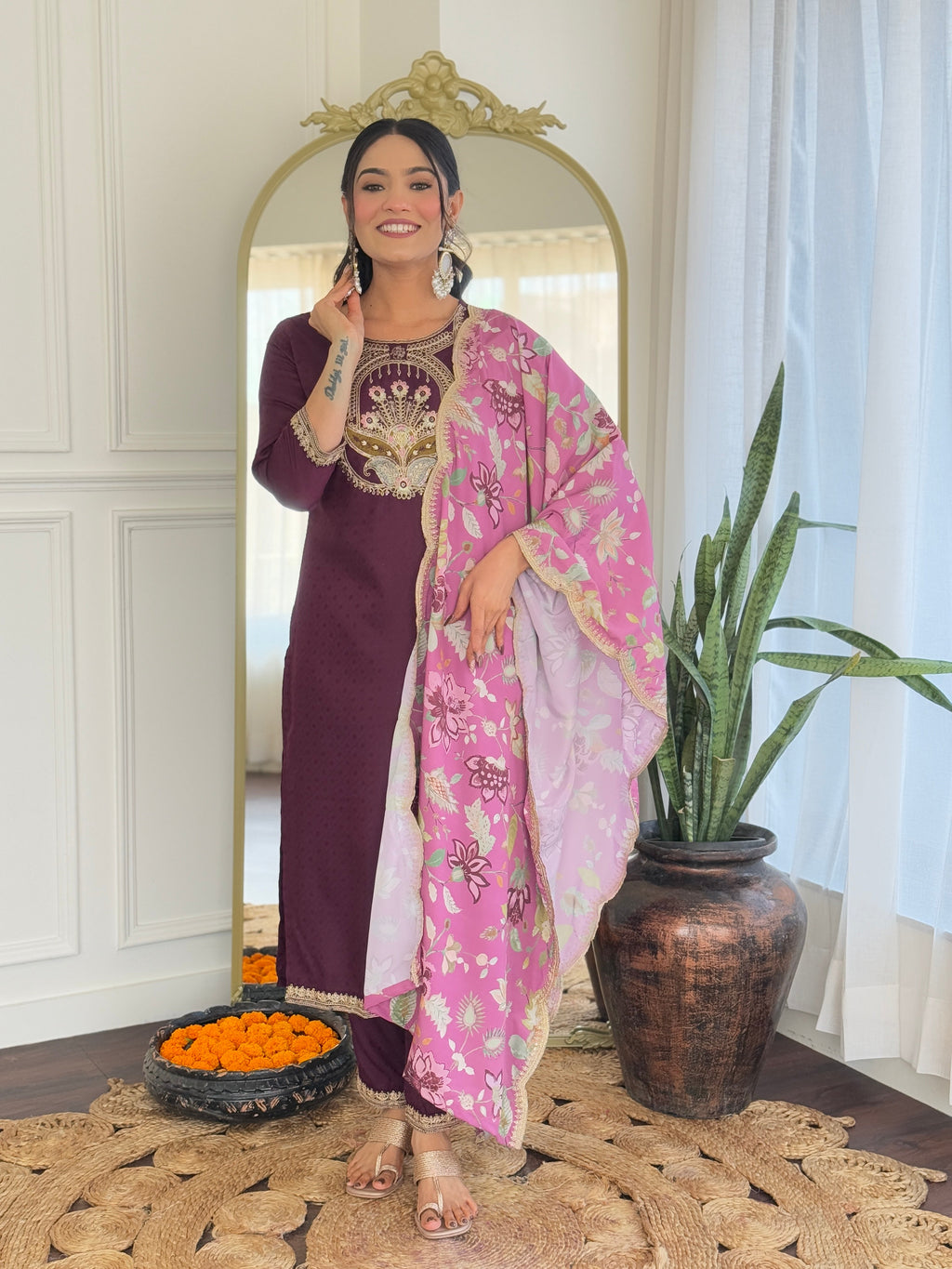 Teeya Creation Wine Color Viscose Rayon Embroidery Work Fully Stitched Kurti Set | Grocsy
